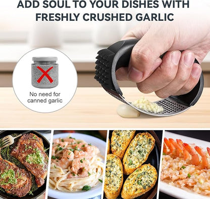 2 Pack Garlic Press Rocker Set – Innovative Stainless Steel Garlic Mincer & Crusher with 2 Peelers, 2 Scrapers, and 2 Brushes for Effortless Garlic Prep | Complete Garlic Tool Kit (GREEN)