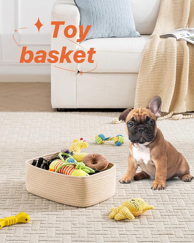 Small Woven Basket, 13.5 x 9.5 x 5 Inches, Storage Basket for Organizing, Cute Small Rope Shelf Closet Cube Storage Bins Baskets for Shelves, Dog Toy Gift Baskets Empty, 3 Packs, Beige