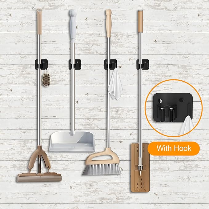 4 Pack Stainless Steel Broom Holder Wall Mount with Hook, Screw Drilling Broom and Mop Organizer Wall Hanging, Heavy Duty Storage Rack for Laundry Garage Closet Garden Tool Organizer, Black