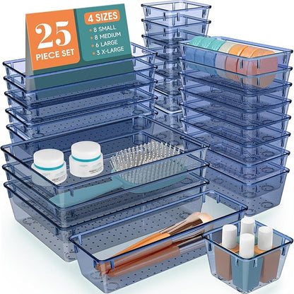 WOWBOX 25 PCS Plastic Drawer Organizer Set, 4 Sizes Desk Drawer Divider Organizers and Storage Bins for Makeup, Jewelry, Gadgets for Kitchen, Bedroom, Bathroom, Office, Clear Dark Blue