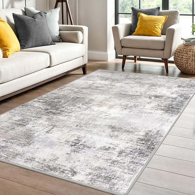 IOHOUZE Abstract Area Rug 4x6 Ft Washable Rugs for Entryway Indoor, Non Slip Small Living Room Rugs Printed Faux Wool Throw Rug, Floor Carpet for Kitchen Nursery Playroom, Grey Beige