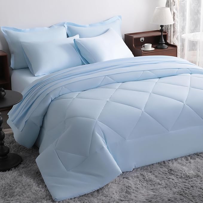 NTBAY Queen Comforter Set with Sheets, 7 Pieces Soft and Breathable Queen Bedding Set, Bed in a Bag, Down Alternative Comforter Set Solid Color All Season, Queen Bedding Set, Aqua