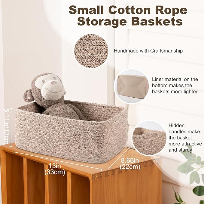 3 Pack Small Storage Baskets for Organizing, Cute Woven Decorative Gift Baskets for Shelves, Mini Closet Organizer Bins with Handles-13''Lx8.66''Wx5.11''H-Brown