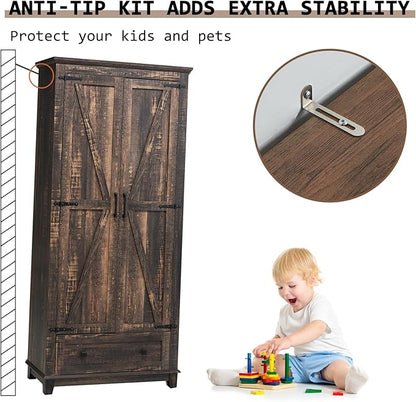 Farmhouse Kitchen Pantry Cabinet, 72" Tall Storage Cabinet with Adjustable Shelves & Barn Doors, Freestanding Kitchen Cupboard for Dining Room, Living Room, Dark Rustic Oak