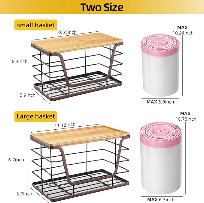 ALOCEO 2 Pack Large Pantry Baskets with Bamboo Lip, Stainless Steel Garbage Bag Holder Dispenser Countertop Storage, Stackable Kitchen Storage Bins for Fruit Onion Potato Vegetable, Brown