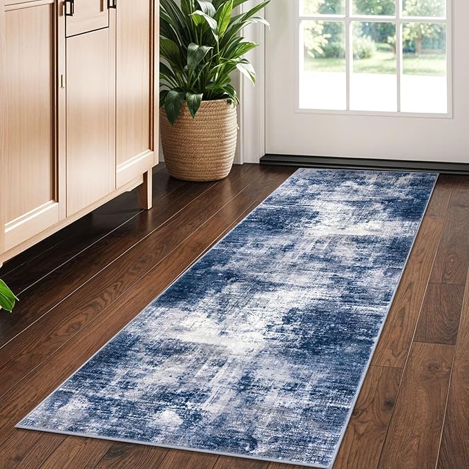 IOHOUZE Abstract Runner Rug 2x5 Ft Washable Runners for Hallways, Non Slip Kitchen Runner Printed Faux Wool Entryway Runner Indoor, Modern Abstract Floor Carpet for Hall Kitchen Bedroom, Navy/Grey