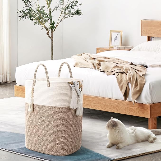 Woven Laundry Basket for Clothes, 50L Large Rectangle Laundry Hampers with Beads Tassel, Nursery Storage Basket for Toys, Tall Dirty Clothes Hamper for Bedroom Aesthetic, Laundry Room Organization