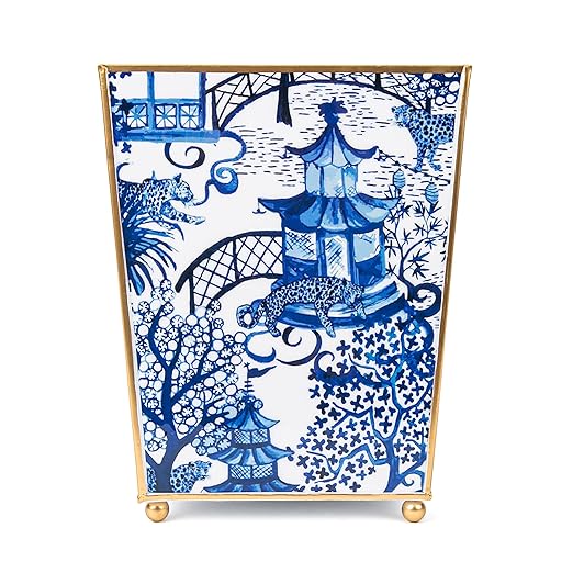 Jaye’s Studio Garden Party Decorative Gold Waste Basket for Bathroom Trash Can no Lid, Bedroom Garbage Can Square Office Trash Bin, Vanity Enamel White & Blue Bathroom Trash Can Gold Feet, 9 inch Wide