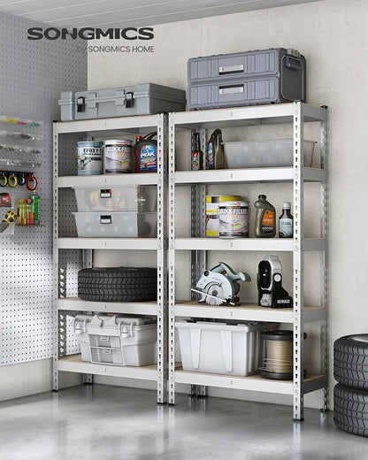 SONGMICS 5-Tier Storage Shelves, Load 2310 lb, Set of 2 Garage Storage, Boltless Assembly, Adjustable Shelving Unit, 11.8 x 29.5 x 59.1 Inches, for Study Shed Basement, Silver UGLR300E02