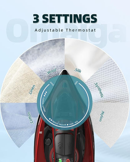 Cordless Iron for Clothes - 1500W Steam Iron with Non-Stick Ceramic Soleplate, Rapid Heating, Auto Shut Off, Burst of Steam, Self-Clean, Anti-Drip, Anti-Calc, 3 Temperature Settings, Red