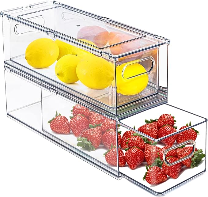 2 Pack Fridge Organizers and Storage with Pull out Drawer, Stackable Storage Drawer, Clear Refrigerator Organizers, BPA-Free for Kitchen Cabinet Pantry,3.14QT
