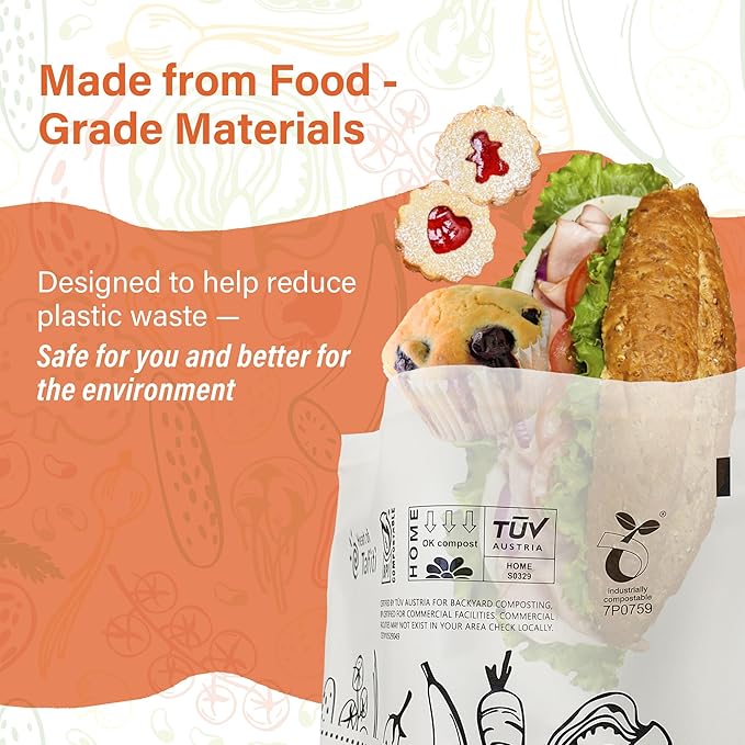 Compostable Food Storage Bags, Resealable Sandwich Bags, 50 Count, 6.7 x 6.8 inches, Extra Thick and Reusable, Eco-Friendly, Certified US BPI ASTM D6400 Europe OK Compost
