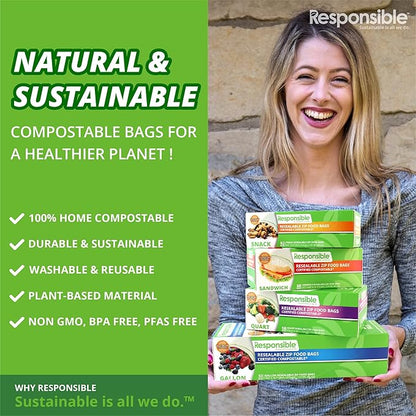 Responsible Products Certified Compostable SNACK Resealable Zip Bag, Extra Strength Food Bags, Plant-Based Freezer-Safe (184 Pack)