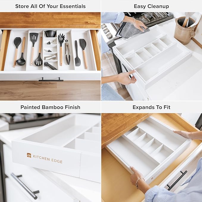 KitchenEdge Adjustable Kitchen Drawer Organizer for Utensils and Junk, Food-Safe Contract Grade with 100% Sustainable Wood, Expandable from 16 to 28 Inches Wide - White Bamboo
