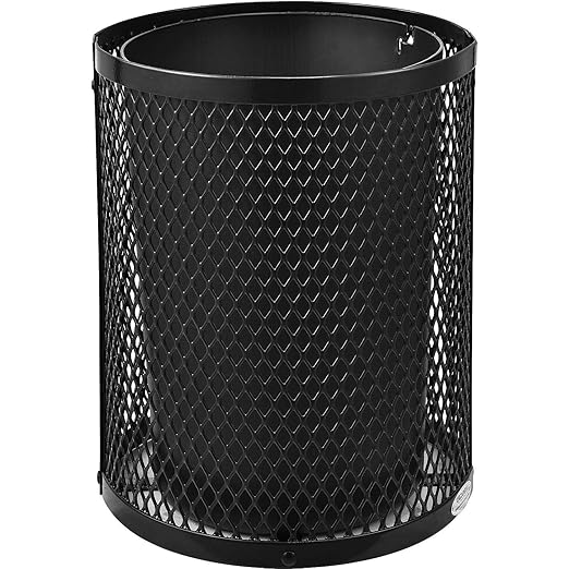 Global Industrial Outdoor Diamond Steel Trash Can with Rain Bonnet Lid and Plastic Liner, 36 Gallon Capacity, Black, Thermoplastic Coating, 23-1/2" Diameter, 40-1/2"H