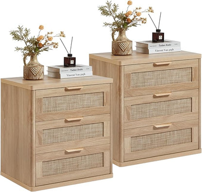 LEYAOYAO Rattan Night Stand Set of 2 with Drawers, 23" Large 3 Drawer Boho Nightstand, Natural Wood Bedside Table Storage Cabinet, Bed Side End Tables Dresser for Bedroom, Living Room, Hallway, Closet