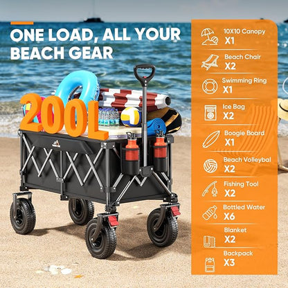 Beach Wagon with 9x3 Big Rubber Wheels for Sand, 350lbs Heavy Duty 200L Collapsible Utility Wagon, Easy Transport & Storage, Ideal for Sport, Camping, All-Terrain Outdoor Activities, Black