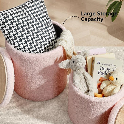 Boucle Round Ottoman with Storage Set of 2,Small Foot Stool Ottoman for Living Room, Small Coffee Table,Vanity Stool with Storage for Bedroom, Pink