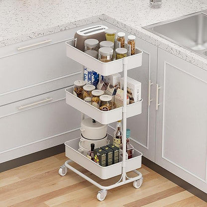 3 Tier Modern Metal Rolling Tool Cart with Silent Casters, 17.72×12.40×35.04 inch Heavy Duty Organization Truck Trolley Organizer for Office, Living Room, Kitchen, (White)