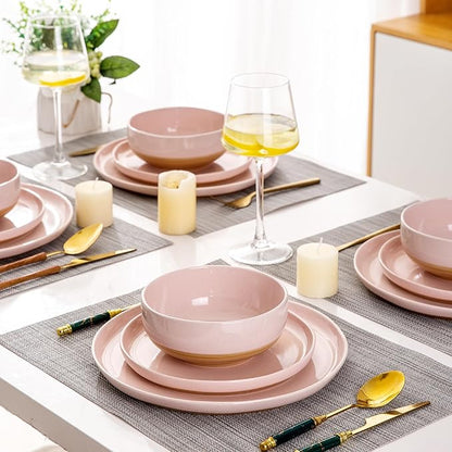 AmorArc Ceramic Dinnerware Sets for 4, 12 Pieces Handpainted Plates and Bowls Set with Rustic Terracotta Underside, Scratch Resistant Stoneware Dishes Set, Dishwasher & Microwave Safe, Cloud Pink