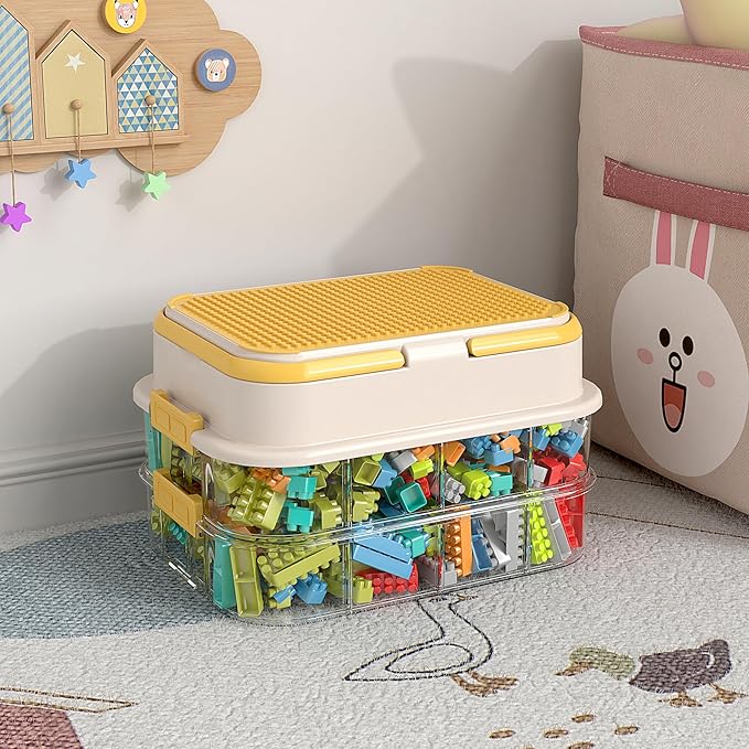 Toy Storage Organizer Box with Handle, Stackable Building Block Toy Box with Building Plate Lid & Removable Sorting Trays, Cubby Bins and Containers 2 Layer (Lemon)