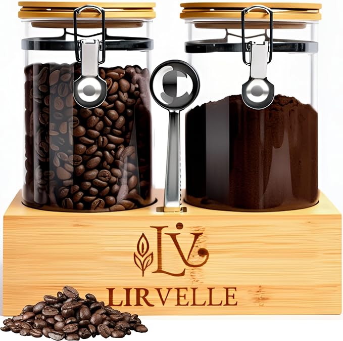 Airtight Coffee Canister with Scoop | Curated Glass Storage Set for Beans, Grounds & Sugar | 9-Piece Ritual Organizer with Bamboo Base, Versatile Artisan Spoon, Labels & Cleaning Brush