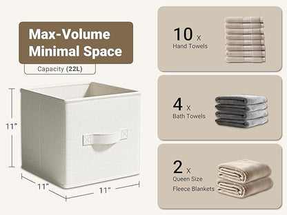 4 Pack Foldable Fabric Closet Storage Bins, 11Inch Organizer Cubes with Handles, Linen Storage Boxes for Clothes, Toys, Books and Home Organization, White& Ivory