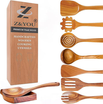 9-Piece Teak Wooden Utensil Set – Wooden Spoons for Cooking with Spoon Rest, Wooden Spatula, and Non Toxic Cooking Utensils – Premium Kitchen Utensils Set for Daily Use