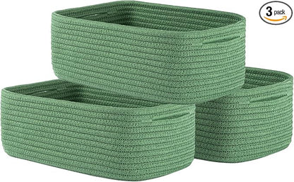 Small Woven Basket, 12 x 8 x 4.5 Inches, Storage Basket for Organizing, Cute Small Rope Shelf Closet Cube Storage Bins Baskets for Shelves, Dog Toy Gift Baskets Empty, 3 Packs, Green