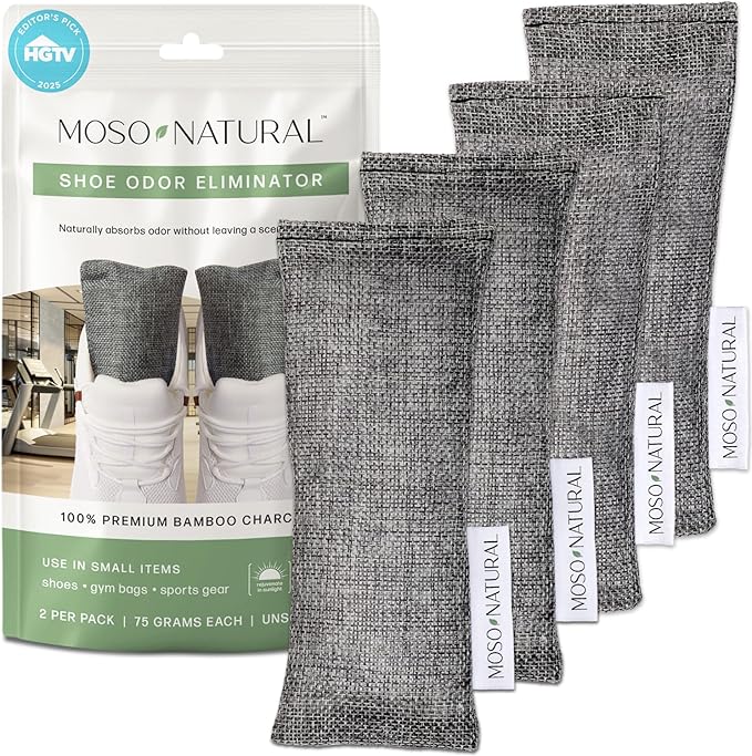 Moso Natural Shoe Deodorizer Inserts, Charcoal Odor Absorber for Shoes, Gym Bag & Boot Deodorizer, Long-Lasting Shoe Odor Elimination, Unscented Air Purifying Bags (Two Per Pack. 4 Total)