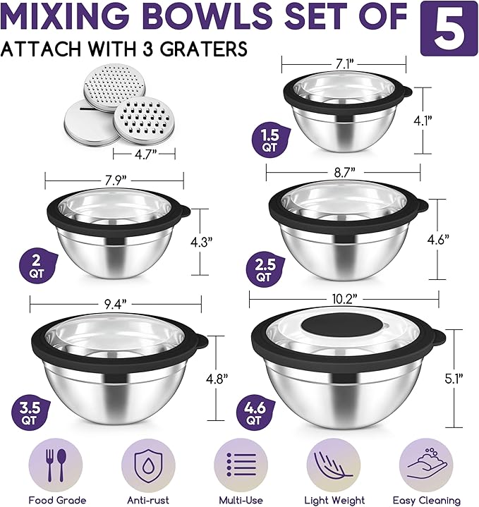 Herogo 5-Piece Mixing Bowls with Visible Lids, 3 Grater Attachments, Stainless Steel Salad Serving Bowls for Kitchen, 4.6/3.5/2.5/2/1.5 QT Ideal for Prepping & Cooking, Black