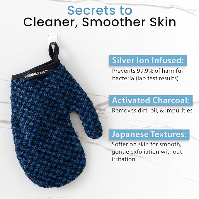 Japanese Exfoliating Mitt for Shower [1-Pack, Blue] - Charcoal & Silver Ion Exfoliating Glove - Gentle Exfoliation & Deep Cleansing Shower Mitt - Exfoliating Body Scrubber Glove, Soft Fabric Inside