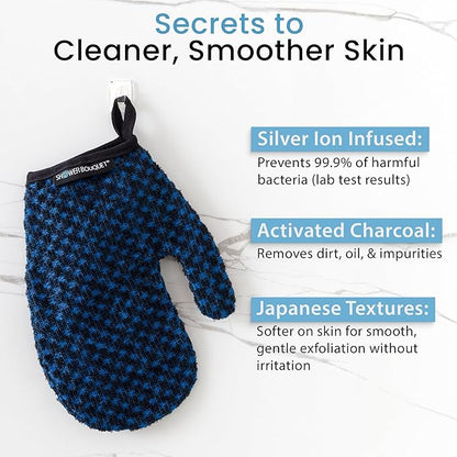 Japanese Exfoliating Mitt for Shower [1-Pack, Blue] - Charcoal & Silver Ion Exfoliating Glove - Gentle Exfoliation & Deep Cleansing Shower Mitt - Exfoliating Body Scrubber Glove, Soft Fabric Inside