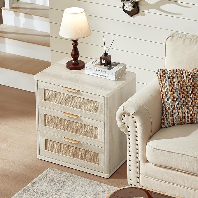 LEYAOYAO Rattan Night Stand with Drawers, 23" Large 3 Drawer Boho Nightstand, Grey White Bedside Table Storage Cabinet, Bed Side End Tables Dresser for Bedroom, Living Room, Hallway, Closet