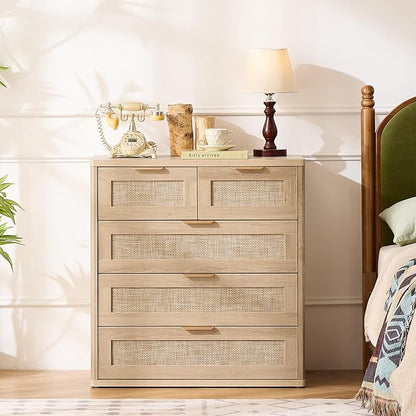 LEYAOYAO Rattan Dresser for Bedroom Set of 2, 33.5" Tall Chest of Drawers, Modern 5 Drawers Boho Dressers with Storage, Light Oak Dresser Wooden Closet Organizer for Living Room, Hallway, Natural Wood
