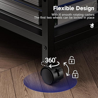 Printer Stand, 20×16×28'' Metal Printer Table with Wheels, 3 Tier Rolling Cart with Adjustable Storage Shelf, Space Saving 3D Printer Desk for Home Office, Mini Fridge & Heat Press Stand, Black
