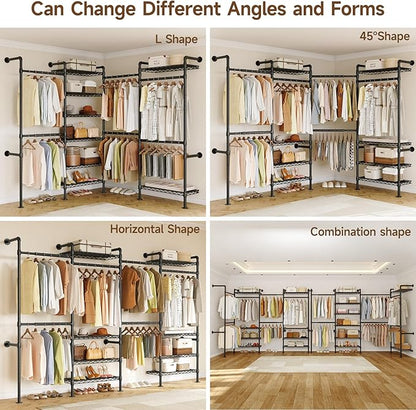 ONBRILL L4 Wall Mounted Industrial Pipe Clothing Rack, Closet Organizer System with 6 Hanging Clothes Rods ( 4 Expandable Rods) & 8 Shelves, Heavy Duty Corner Garment Rack, Large Wardrobe - Black
