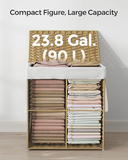 SONGMICS Laundry Hamper with Lid, 23.8 Gallon (90 L) Synthetic Rattan Clothes Laundry Basket with Lid and Handles, Foldable, Removable Liner, Goose Yellow ULCB51NL