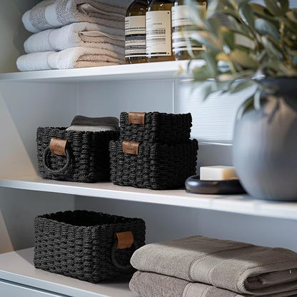 LA JOLIE MUSE Small Wicker Baskets for Organizing, Recycled Paper Rope Storage Basket Container Bins for Shelves Bathroom Cupboards Drawer, Decorative Square Basket Organizer Set of 3, Black
