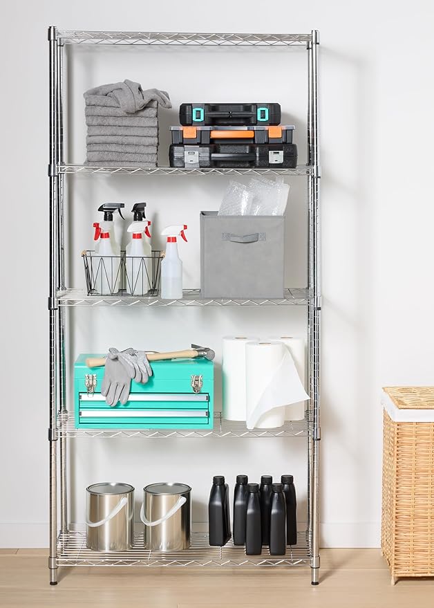 Amazon Basics 5-Shelf Adjustable Heavy Duty Steel Wire Rack Storage Shelving Organizer for Kitchen, Garage, 36" L x 14" W x 72" H, Chrome