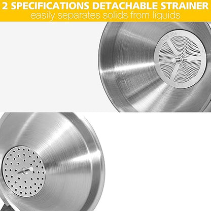 Anaeat Stainless Steel Kitchen Funnel, Multi-Use Premium Metal Food Grade Cooking Funnels with 2 Removable Strainer Filter for Transferring Liquid or Dry ingredients, Oils & 1 Pc Cleaning Brush (4.1")