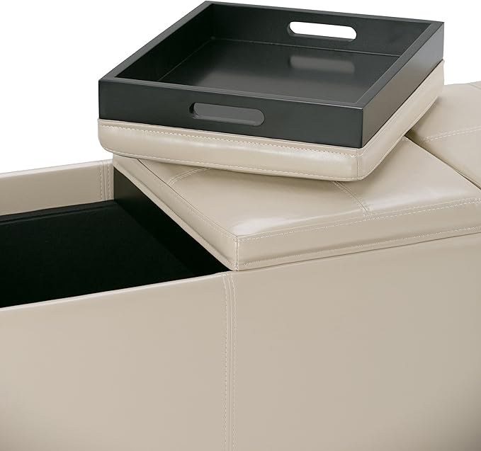 SIMPLIHOME Avalon 42 inch Wide Contemporary Rectangle Storage Ottoman in Satin Cream Vegan Faux Leather, Assembled, for the Living Room, Entryway and Family Room
