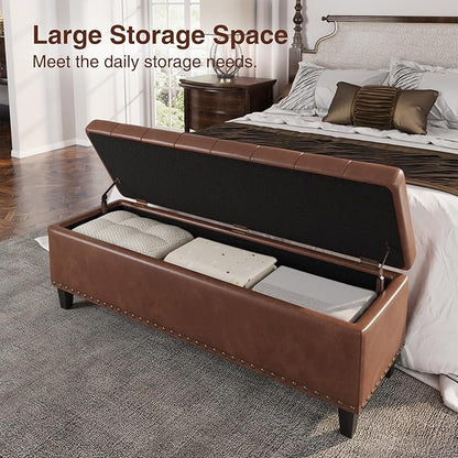 Storage Ottoman Bench, 51-Inch Large Storage Bench for Bedroom End of Bed, 30 Gallons Faux Leather Bench for Bedroom, Living Room, Entryway, Hallway, Brown