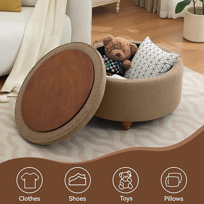 30Inch Round Storage Ottoman with Tray, Modern Tufted Fabric Circle Coffee Table with Storage, Upholstered Ottoman with Removable Top for Living Room, Bedroom, Brown
