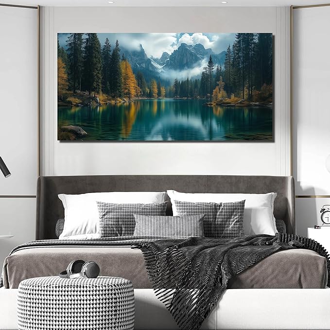 GUGIKA Landscape Wall Art for Living Room, Blue Mountain and Lake Wall-Decor for Bedroom, Modern Scenery Poster Canvas Print, Size 59 x 29 Inches