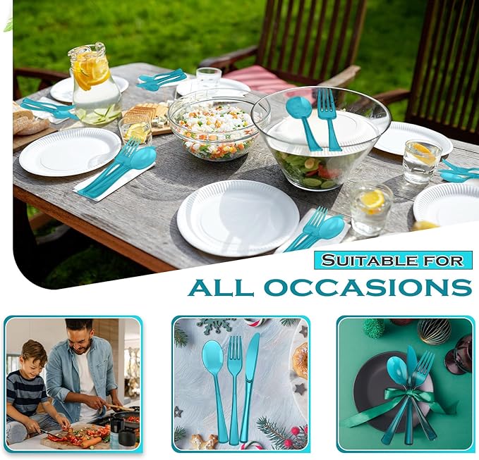 Minatee 150 Pieces Disposable Cutlery Set Plastic Silverware Heavy Duty Utensil Sets 50 Forks 50 Knives 50 Spoons for Home Office School Party Picnics Restaurant Outdoor Events(Peacock Blue)