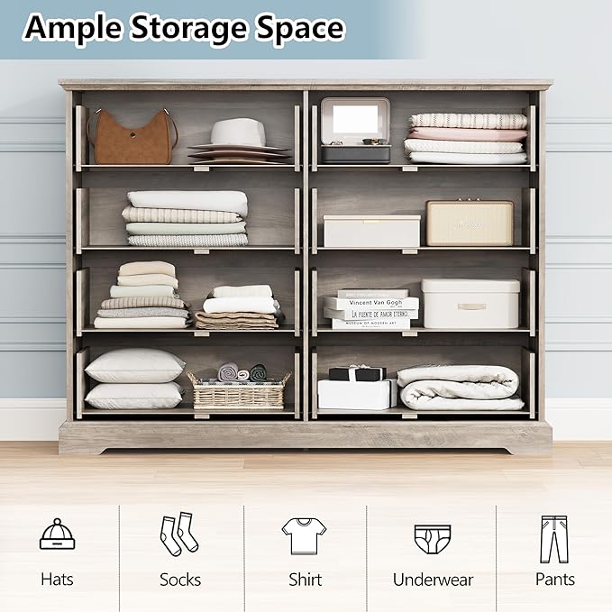 8 Drawer Dresser for Bedroom, 47" Wide Wooden Chest of Drawers, Rustic Farmhouse Dresser with Large Drawers & Metal Handles, Modern Storage Organizer for Closet, Living Room, Hallway, Grey