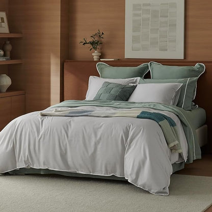 Double Stitch Cotton Tencel Duvet Cover - King Size Comforter Cover, Luxury & Soft Eucalyptus Lyocell Bedding Set for Hot Sleepers, Cooling & Breathable, Button Closure, Winter Sky Contrast, 106"x90"
