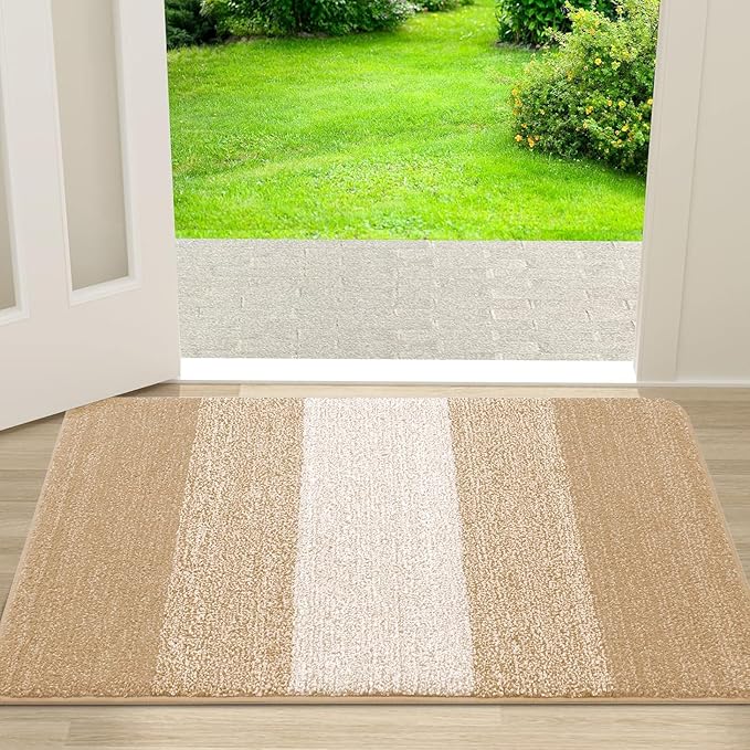 Kitinjoy Indoor Outdoor Door Mat, 30x17 Non-Slip Absorbent Dirt Trapper, Low-Profile Washable Inside Entrance Front Floor Mat, Sturdy Soft Entry Doormats for Entryway, Beige