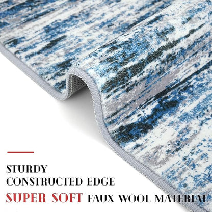 Modern Abstract 5x7 Machine Washable Area Rug Non-Slip Soft Bedroom Living Romm Rug Grey Blue White Thin Print Faux Wool Floor Carpet Throw Rugs for Nursery Playroom Dining Room Indoor